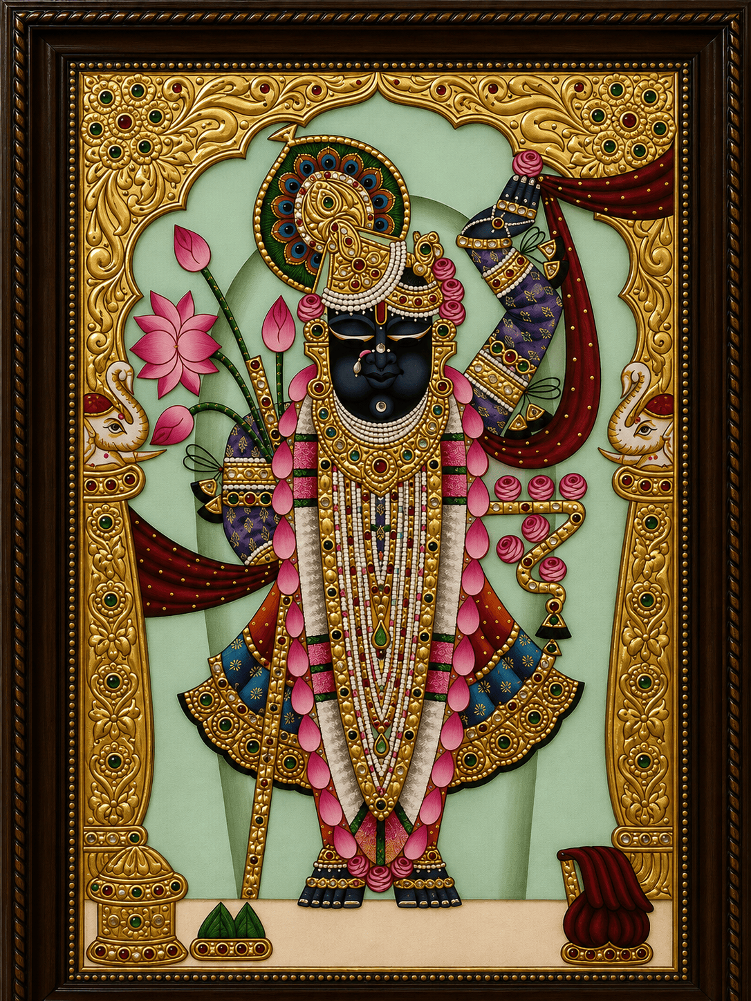 Shrinathji Tanjore Painting with Sage Green Backdrop and Elephant Motifs — Handmade by Nathdwara Artisans